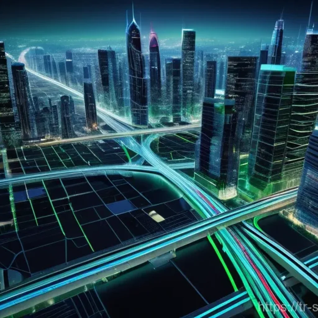 소프트웨어 공급망 보안 관리 프레임워크 - **Prompt:** A futuristic, interconnected digital city at night, vibrant with glowing blue and green ...