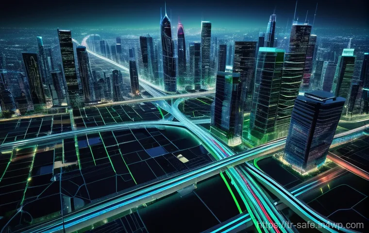 소프트웨어 공급망 보안 관리 프레임워크 - **Prompt:** A futuristic, interconnected digital city at night, vibrant with glowing blue and green ...