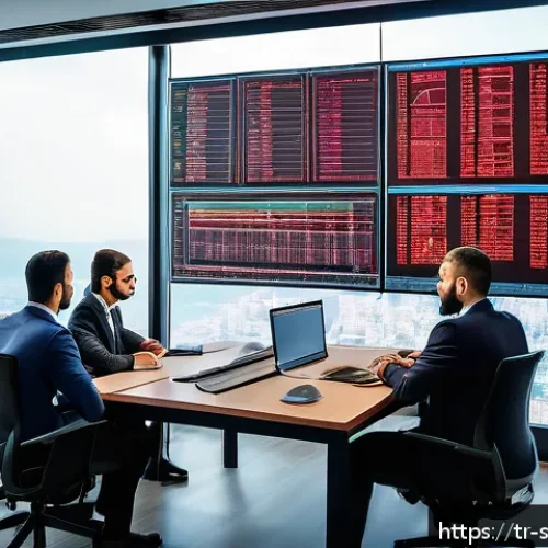 Home 32 소프트웨어 공급망 보안과 데이터 보호 법률 - A modern Turkish office environment with diverse professionals collaborating on cybersecurity risk m...